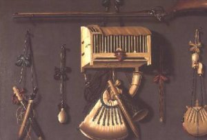 A Trompe lOeil Still life of a Gun a Powder Horn a Caged Bird and Hunting Equipment