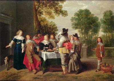 Elegant Company seated at a Table in a Formal Garden