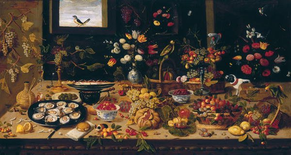 Table Covered with Vases of Flowers Baskets and Plates of Fruit and Small Animals