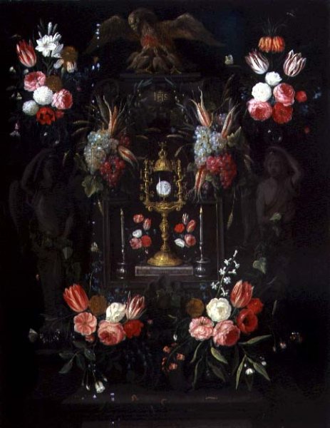 A Chalice with the Eucharist in a cartouche decorated with flowers and fruit