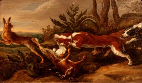 Hounds chasing hares in a landscape