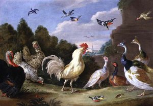 Wooded Landscape with a Cock Turkey Hens and other Birds