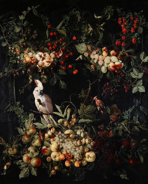 Swags of fruit with flowers round a cartouche with a sulpher crested cockatoo