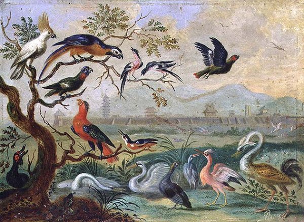 Birds from the Four continents in a landscape with a view of Peking in the background