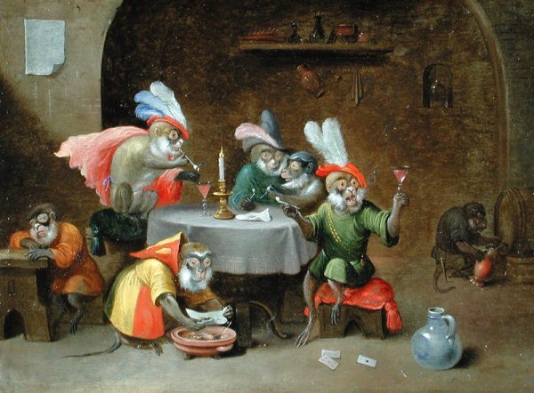 A Tavern Interior with Monkeys drinking and smoking