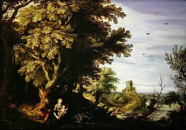 A wooded landscape with a Rest on the Flight to Egypt