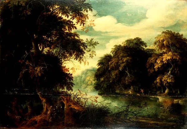 Forest landscape with birdcatchers beside a river