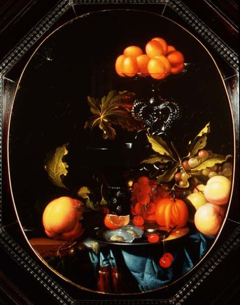 Still life with pumpkins fruit and oysters