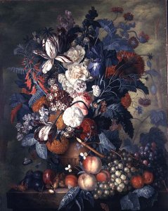 A Vase of Flowers with Fruit