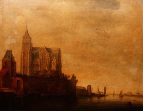 Groote Kerk with a View of the Main Tower Emmerich in a River Landscape with Sailing Boats