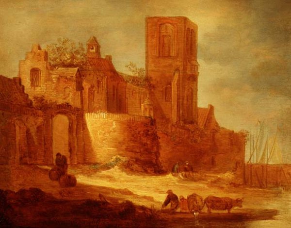 A ruined abbey by a waterway with peasants and cattle in the foreground