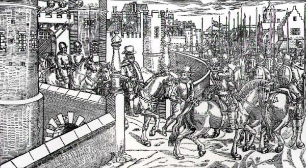 Sir Henry Sidney 1529-86 Setting Out from Dublin Castle Below the Heads of Executed Rebels