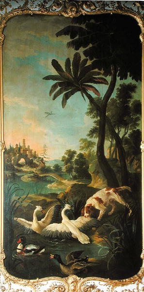 A Spaniel attacking swans a mallard duck and a shelduck panel from the bedroom of Louis Henri I 1692-1740 Prince de Conde