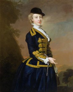 Portrait of Nancy Fortesque wearing a dark blue riding habit