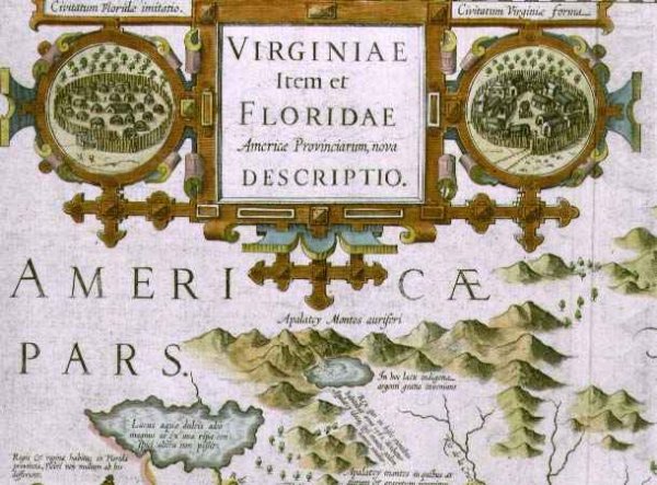 Title cartouche and insets detail of the map of North Carolina titled Virginiae item et Floridae from the Mercator Atlas