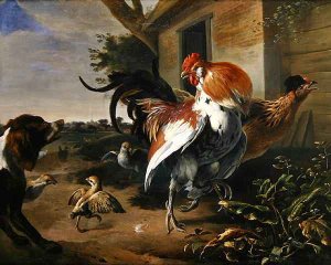 Poultry and Spaniel in a farmyard