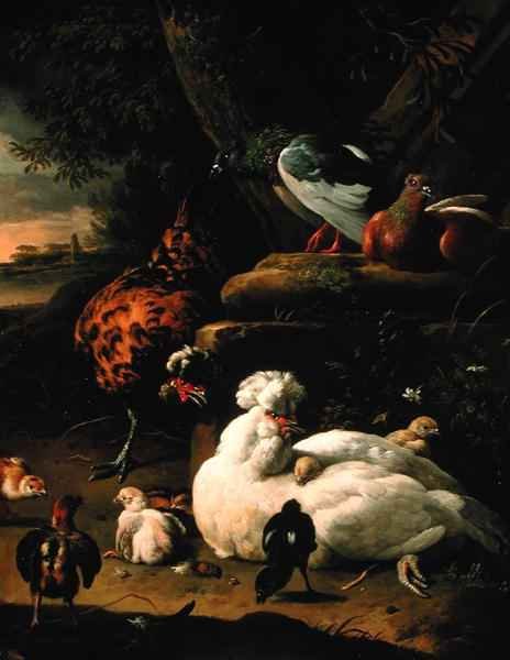 A hen with chicks a rooster and pigeons in a landscape