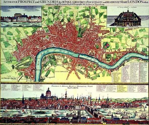 Aerial Map of London and View across the Thames from South Bank with St Pauls and London Bridge