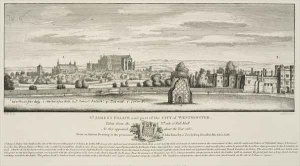 St Jamess Palace and part of the City of Westminster from the North Side of Pall Mall in 1660