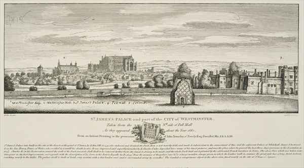 St Jamess Palace and part of the City of Westminster from the North Side of Pall Mall in 1660