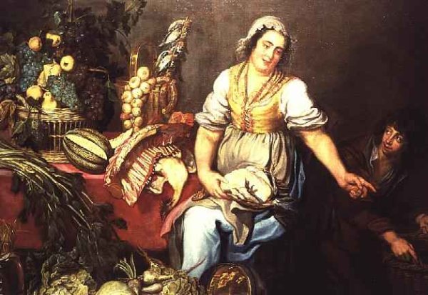 Kitchen Still Life with Fruit Vegetables and a Girl Holding a Chicken