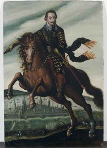 Portrait of Gustavus Adolphus II King of Sweden on horseback in the Battle of Stralsund