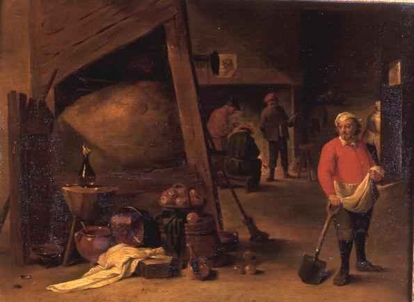 A peasant leaning on a spade beside a cluster of pots and and pans in an inn beyond three figures gathered round a fire place