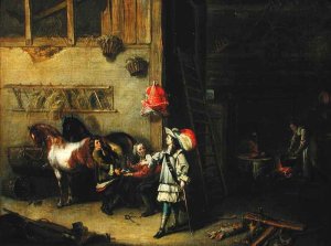 A peasant leaning on a spade beside a cluster of pots and and pans in an inn beyond three figures gathered round a fire place