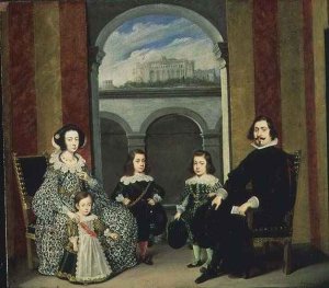 Francesco Tapia Conte del Vasto with his Family seated in an interior of the Palazzo Tapia with a View of the Castello di Sant Elmo