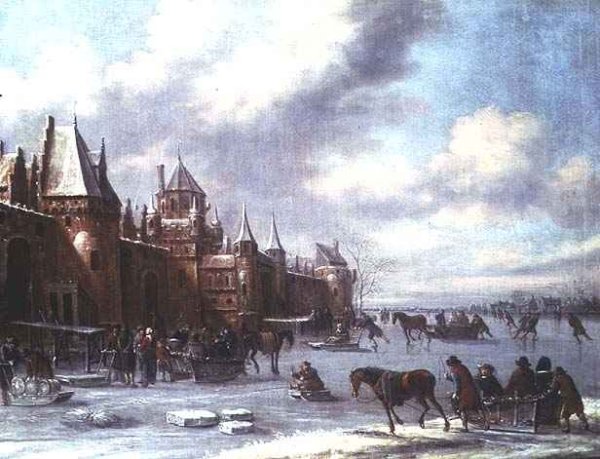 Dutch estuary scene with figures skating and a castle beyond