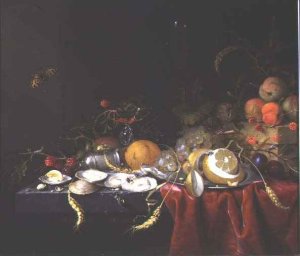 Still life with oysters fruit and ears of corn on a stone ledge