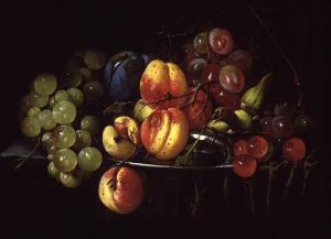 A Still Life with a lemon grapes cherries and apricots on a pewter plate