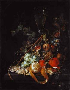 A Still Life with a lemon grapes cherries and apricots on a pewter plate