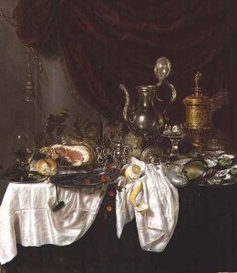 Still life with a ham overturned nautilus cup and oysters on a draped table