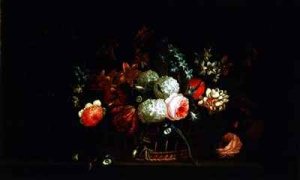 Still Life of Flowers in a Basket on a Stone Ledge