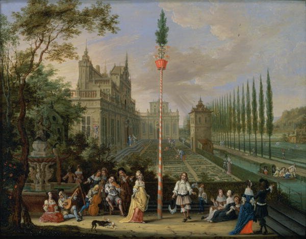 Elegant figures playing musical instruments around a maypole