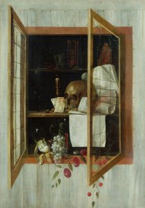 Vanitas still life seen through a trompe loeil window