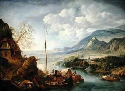 A Rhenish River Landscape with Boats in the Foreground