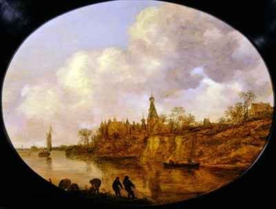 Three Fishermen Hauling a Net and Baskets on the Bank of a River Landscape with a Castle and Village in the Distance