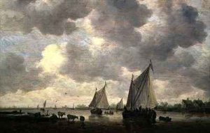 A Canal in Holland or Two Large Sailing Ships and Cattle Near a River