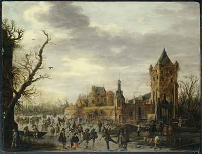 A View of Kasteel Batestein Vianen in Winter with a Gentleman, his Wife and Retinue Watching Winter Sports on the Ice