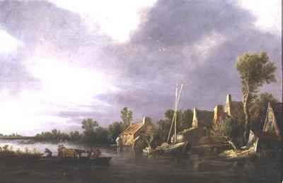 A Village by a River with Peasants and Cattle on a Ferry