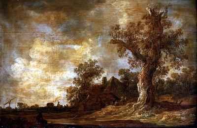 Wooded landscape with figures and oak tree