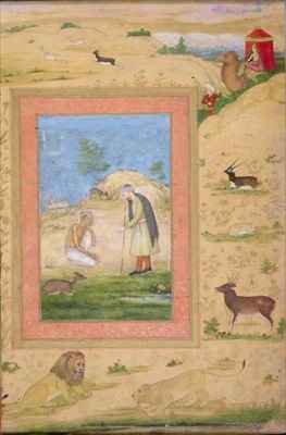 Majnun Kneels Before Lailas Messenger