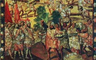 Detail of Hernan Cortes 1485-1547 Entering Cempoal and Receiving Chief Gordo Quauhtlaebana Who Gives Meat and Presents to all the Spaniards