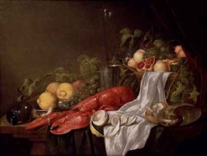 Still life of fruit and a lobster on a cloth draped table