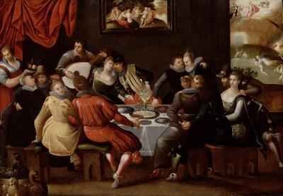 Elegant Figures Feasting and Disporting at a Table with the Last Judgement in the Background