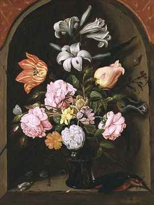 A Still Life of Flowers in a Vase and a Kingfisher on a Ledge