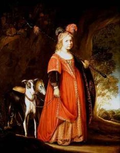 Portrait of a young girl as Diana in a glade with two greyhounds