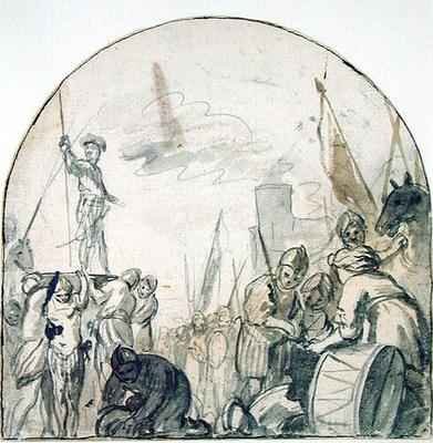 Brinio being Raised on his Shield by his Warriors